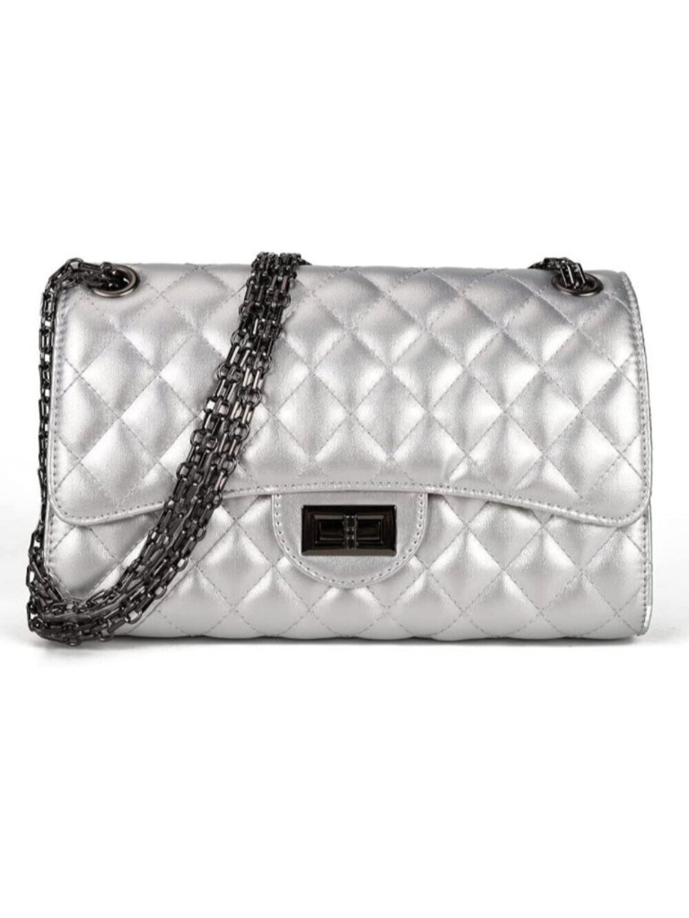 〽️Women's Silver Structured Purse Chain Strap Quilted Crossbody Shoulder Bags